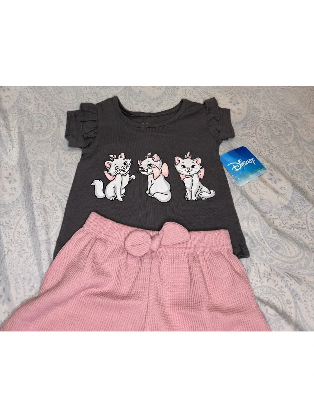 Disney The Aristocats Marie Dark Gray Tee with Pink Waffle Knit Shorts Set
